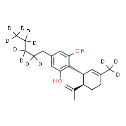 ChemSpider 2D Image | 2-[(1R,6R)-6-Isopropenyl-3-(~2~H_3_)methyl-2-cyclohexen-1-yl]-5-[(2,2,3,3,4,4,5,5,5-~2~H_9_)pentyl]-1,3-benzenediol | C21H18D12O2