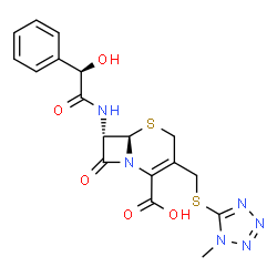 ChemSpider 2D Image | (6R,7S)-7-{[(2R)-2-Hydroxy-2-phenylacetyl]amino}-3-{[(1-methyl-1H-tetrazol-5-yl)sulfanyl]methyl}-8-oxo-5-thia-1-azabicyclo[4.2.0]oct-2-ene-2-carboxylic acid | C18H18N6O5S2