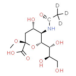 ChemSpider 2D Image | Methyl (6R)-3,5-dideoxy-5-[(1-~13~C,~2~H_3_)ethanoylamino]-6-[(1R,2R)-1,2,3-trihydroxypropyl]-alpha-L-threo-hex-2-ulopyranosidonic acid | C1113CH18D3NO9