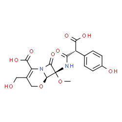 ChemSpider 2D Image | (6R,7R)-7-{[(2R)-2-Carboxy-2-(4-hydroxyphenyl)acetyl]amino}-3-(hydroxymethyl)-7-methoxy-8-oxo-5-oxa-1-azabicyclo[4.2.0]oct-2-ene-2-carboxylic acid | C18H18N2O10