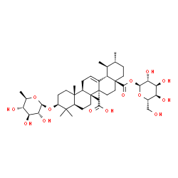 ChemSpider 2D Image | 1-O-{(3beta)-3-[(6-Deoxy-beta-D-glucopyranosyl)oxy]-27-hydroxy-27,28-dioxours-12-en-28-yl}-alpha-L-altropyranose | C42H66O14