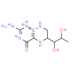 ChemSpider 2D Image | 2-(~15~N)Amino-6-(1,2-dihydroxypropyl)(8a-~13~C,1,3-~15~N_2_)-5,6,7,8-tetrahydro-4(1H)-pteridinone | C813CH15N215N3O3