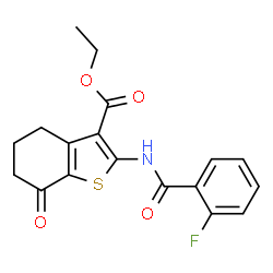 ChemSpider 2D Image | Ethyl 2-[(2-fluorobenzoyl)amino]-7-oxo-4,5,6,7-tetrahydro-1-benzothiophene-3-carboxylate | C18H16FNO4S