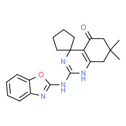 ChemSpider 2D Image | 2'-(1,3-Benzoxazol-2-ylamino)-7',7'-dimethyl-7',8'-dihydro-1'H-spiro[cyclopentane-1,4'-quinazolin]-5'(6'H)-one | C21H24N4O2