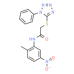 ChemSpider 2D Image | N-(2-Methyl-5-nitrophenyl)-2-[(1-phenyl-1H-tetrazol-5-yl)sulfanyl]acetamide | C16H14N6O3S