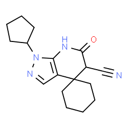 ChemSpider 2D Image | 1'-Cyclopentyl-6'-oxo-1',5',6',7'-tetrahydrospiro[cyclohexane-1,4'-pyrazolo[3,4-b]pyridine]-5'-carbonitrile | C17H22N4O