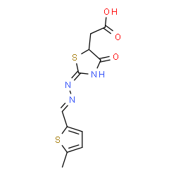 ChemSpider 2D Image | (2-{(2E)-2-[(5-Methyl-2-thienyl)methylene]hydrazino}-4-oxo-4,5-dihydro-1,3-thiazol-5-yl)acetic acid | C11H11N3O3S2