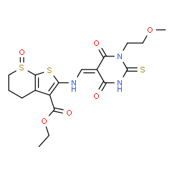 ChemSpider 2D Image | Ethyl 2-({(E)-[1-(2-methoxyethyl)-4,6-dioxo-2-thioxotetrahydro-5(2H)-pyrimidinylidene]methyl}amino)-5,6-dihydro-4H-thieno[2,3-b]thiopyran-3-carboxylate 7-oxide | C18H21N3O6S3