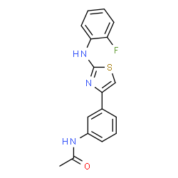 ChemSpider 2D Image | N-(3-{2-[(2-Fluorophenyl)amino]-1,3-thiazol-4-yl}phenyl)acetamide | C17H14FN3OS