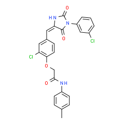 ChemSpider 2D Image | 2-(2-Chloro-4-{(E)-[1-(3-chlorophenyl)-2,5-dioxo-4-imidazolidinylidene]methyl}phenoxy)-N-(4-methylphenyl)acetamide | C25H19Cl2N3O4