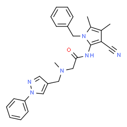 ChemSpider 2D Image | N-(1-Benzyl-3-cyano-4,5-dimethyl-1H-pyrrol-2-yl)-N~2~-methyl-N~2~-[(1-phenyl-1H-pyrazol-4-yl)methyl]glycinamide | C27H28N6O