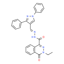 ChemSpider 2D Image | N'-[(E)-(1,3-Diphenyl-1H-pyrazol-4-yl)methylene]-3-ethyl-4-oxo-3,4-dihydro-1-phthalazinecarbohydrazide | C27H22N6O2