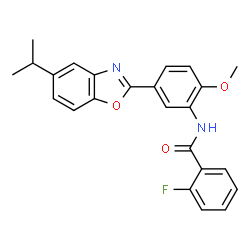 ChemSpider 2D Image | 2-Fluoro-N-[5-(5-isopropyl-1,3-benzoxazol-2-yl)-2-methoxyphenyl]benzamide | C24H21FN2O3