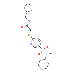 ChemSpider 2D Image | 2-({5-[Cyclohexyl(methyl)sulfamoyl]-2-pyridinyl}sulfanyl)-N-(tetrahydro-2-furanylmethyl)acetamide | C19H29N3O4S2
