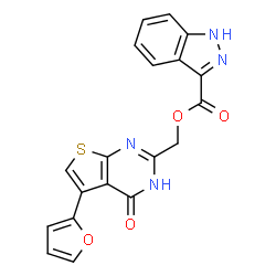 ChemSpider 2D Image | [5-(2-Furyl)-4-oxo-1,4-dihydrothieno[2,3-d]pyrimidin-2-yl]methyl 1H-indazole-3-carboxylate | C19H12N4O4S