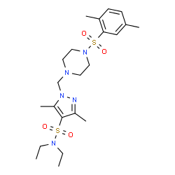 ChemSpider 2D Image | 1-({4-[(2,5-Dimethylphenyl)sulfonyl]-1-piperazinyl}methyl)-N,N-diethyl-3,5-dimethyl-1H-pyrazole-4-sulfonamide | C22H35N5O4S2