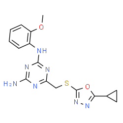 ChemSpider 2D Image | 6-{[(5-Cyclopropyl-1,3,4-oxadiazol-2-yl)sulfanyl]methyl}-N-(2-methoxyphenyl)-1,3,5-triazine-2,4-diamine | C16H17N7O2S