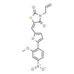 ChemSpider 2D Image | (5E)-3-Allyl-5-{[5-(2-methoxy-4-nitrophenyl)-2-furyl]methylene}-1,3-thiazolidine-2,4-dione | C18H14N2O6S
