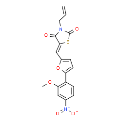 ChemSpider 2D Image | (5Z)-3-Allyl-5-{[5-(2-methoxy-4-nitrophenyl)-2-furyl]methylene}-1,3-thiazolidine-2,4-dione | C18H14N2O6S