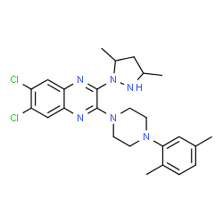 ChemSpider 2D Image | 6,7-Dichloro-2-[4-(2,5-dimethylphenyl)-1-piperazinyl]-3-(3,5-dimethyl-1-pyrazolidinyl)quinoxaline | C25H30Cl2N6