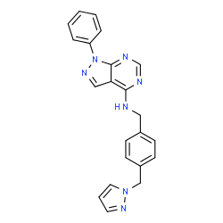 ChemSpider 2D Image | 1-phenyl-N-[[4-(pyrazol-1-ylmethyl)phenyl]methyl]pyrazolo[4,5-e]pyrimidin-4-amine | C22H19N7