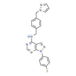 ChemSpider 2D Image | 1-(4-Fluorophenyl)-N-[4-(1H-pyrazol-1-ylmethyl)benzyl]-1H-pyrazolo[3,4-d]pyrimidin-4-amine | C22H18FN7