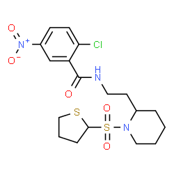 ChemSpider 2D Image | 2-Chloro-5-nitro-N-{2-[1-(tetrahydro-2-thiophenylsulfonyl)-2-piperidinyl]ethyl}benzamide | C18H24ClN3O5S2