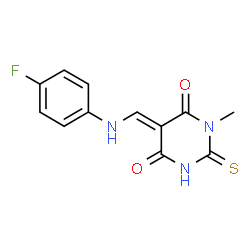 ChemSpider 2D Image | (5E)-5-{[(4-Fluorophenyl)amino]methylene}-1-methyl-2-thioxodihydro-4,6(1H,5H)-pyrimidinedione | C12H10FN3O2S