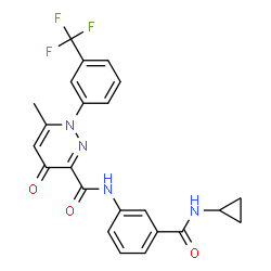 ChemSpider 2D Image | N-[3-(Cyclopropylcarbamoyl)phenyl]-6-methyl-4-oxo-1-[3-(trifluoromethyl)phenyl]-1,4-dihydro-3-pyridazinecarboxamide | C23H19F3N4O3