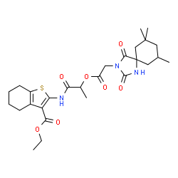 ChemSpider 2D Image | Ethyl 2-({2-[2-(7,7,9-trimethyl-2,4-dioxo-1,3-diazaspiro[4.5]dec-3-yl)acetoxy]propanoyl}amino)-4,5,6,7-tetrahydro-1-benzothiophene-3-carboxylate | C27H37N3O7S