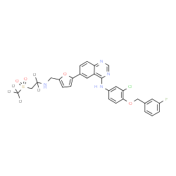 ChemSpider 2D Image | N-{3-Chloro-4-[(3-fluorobenzyl)oxy]phenyl}-6-{5-[({2-[(~2~H_3_)methylsulfonyl](1,1-~2~H_2_)ethyl}amino)methyl]-2-furyl}-4-quinazolinamine | C29H21D5ClFN4O4S