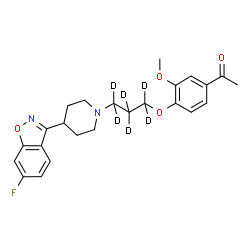ChemSpider 2D Image | 1-[4-({3-[4-(6-Fluoro-1,2-benzoxazol-3-yl)-1-piperidinyl](~2~H_6_)propyl}oxy)-3-methoxyphenyl]ethanone | C24H21D6FN2O4