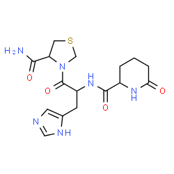 ChemSpider 2D Image | N-[1-(4-carbamoyl-1,3-thiazolidin-3-yl)-3-(1H-imidazol-4-yl)-1-oxopropan-2-yl]-6-oxopiperidine-2-carboxamide | C16H22N6O4S
