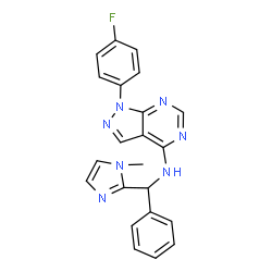 ChemSpider 2D Image | 1-(4-fluorophenyl)-N-[(1-methylimidazol-2-yl)-phenyl-methyl]pyrazolo[4,5-e]pyrimidin-4-amine | C22H18FN7