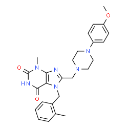 ChemSpider 2D Image | 8-{[4-(4-Methoxyphenyl)-1-piperazinyl]methyl}-3-methyl-7-(2-methylbenzyl)-3,7-dihydro-1H-purine-2,6-dione | C26H30N6O3
