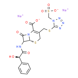 ChemSpider 2D Image | Disodium (6R)-7-{[(2R)-2-hydroxy-2-phenylacetyl]amino}-8-oxo-3-({[1-(sulfonatomethyl)-1H-tetrazol-5-yl]sulfanyl}methyl)-5-thia-1-azabicyclo[4.2.0]oct-2-ene-2-carboxylate | C18H16N6Na2O8S3