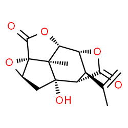 ChemSpider 2D Image | (1S,3R,5R,8S,9R,12S,13S,14R)-1-Hydroxy-14-isopropenyl-13-methyl-4,7,10-trioxapentacyclo[6.4.1.1~9,12~.0~3,5~.0~5,13~]tetradecane-6,11-dione | C15H16O6