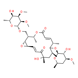 ChemSpider 2D Image | {(1R,2R,3R,6E,8S,10S,12S,14E,16R)-9-[(4,6-Dideoxy-3-O-methyl-beta-D-xylo-hexopyranosyl)oxy]-12-hydroxy-3,8,10,12-tetramethyl-5,13-dioxo-4,17-dioxabicyclo[14.1.0]heptadeca-6,14-dien-2-yl}methyl 6-deoxy
-2,3-di-O-methyl-beta-D-allopyranoside | C35H56O14