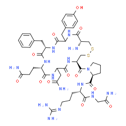 ChemSpider 2D Image | 1-{[(4R,10S,13S,19R)-19-Amino-7-(2-amino-2-oxoethyl)-10-(3-amino-3-oxopropyl)-13-benzyl-16-(4-hydroxybenzyl)-6,9,12,15,18-pentaoxo-1,2-dithia-5,8,11,14,17-pentaazacycloicosan-4-yl]carbonyl}-L-prolyl-N
~5~-(diaminomethylene)-L-ornithylglycinamide | C46H65N15O12S2