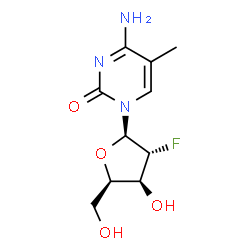 ChemSpider 2D Image | 4-Amino-1-(2-deoxy-2-fluoro-beta-D-xylofuranosyl)-5-methyl-2(1H)-pyrimidinone | C10H14FN3O4