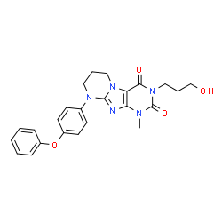 ChemSpider 2D Image | 3-(3-Hydroxypropyl)-1-methyl-9-(4-phenoxyphenyl)-6,7,8,9-tetrahydropyrimido[2,1-f]purine-2,4(1H,3H)-dione | C24H25N5O4