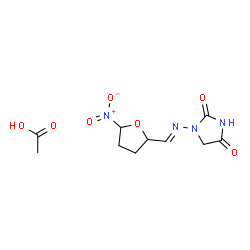 ChemSpider 2D Image | 1-{(E)-[(5-Nitrotetrahydro-2-furanyl)methylene]amino}-2,4-imidazolidinedione acetate (1:1) | C10H14N4O7