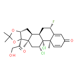 ChemSpider 2D Image | (4aR,4bR,5R,6aR,6bR,9aR,10aS,10bR,12S)-4b,5-Dichloro-12-fluoro-6b-glycoloyl-4a,6a,8,8-tetramethyl-4a,4b,5,6,6a,6b,9a,10,10a,10b,11,12-dodecahydro-2H-naphtho[2',1':4,5]indeno[1,2-d][1,3]dioxol-2-one | C24H29Cl2FO5