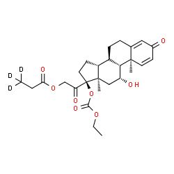 ChemSpider 2D Image | (8alpha,9beta,10alpha,11alpha,13alpha,14beta,17alpha)-17-[(Ethoxycarbonyl)oxy]-11-hydroxy-3,20-dioxopregna-1,4-dien-21-yl (3,3,3-~2~H_3_)propanoate | C27H33D3O8