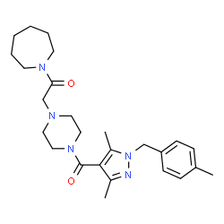 ChemSpider 2D Image | 1-(1-Azepanyl)-2-(4-{[3,5-dimethyl-1-(4-methylbenzyl)-1H-pyrazol-4-yl]carbonyl}-1-piperazinyl)ethanone | C26H37N5O2