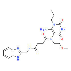 ChemSpider 2D Image | N-(6-Amino-2,4-dioxo-1-propyl-1,2,3,4-tetrahydro-5-pyrimidinyl)-N'-(1H-benzimidazol-2-ylmethyl)-N-(2-methoxyethyl)succinamide | C22H29N7O5