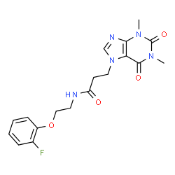 ChemSpider 2D Image | 3-(1,3-Dimethyl-2,6-dioxo-1,2,3,6-tetrahydro-7H-purin-7-yl)-N-[2-(2-fluorophenoxy)ethyl]propanamide | C18H20FN5O4