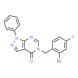 ChemSpider 2D Image | 5-(2-Bromo-4-fluorobenzyl)-1-phenyl-1,5-dihydro-4H-pyrazolo[3,4-d]pyrimidin-4-one | C18H12BrFN4O