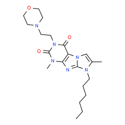 ChemSpider 2D Image | 8-Hexyl-1,7-dimethyl-3-[2-(4-morpholinyl)ethyl]-1H-imidazo[2,1-f]purine-2,4(3H,8H)-dione | C21H32N6O3