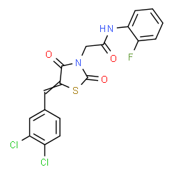 ChemSpider 2D Image | 2-[5-(3,4-Dichlorobenzylidene)-2,4-dioxo-1,3-thiazolidin-3-yl]-N-(2-fluorophenyl)acetamide | C18H11Cl2FN2O3S